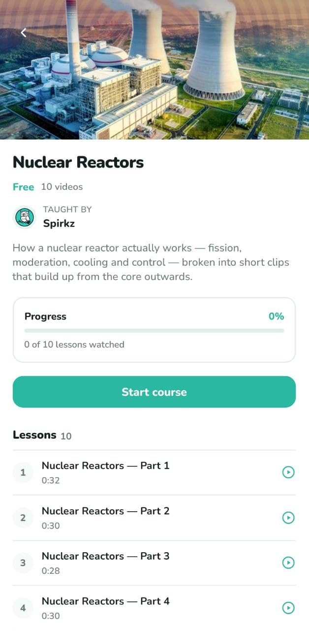 The spirkz app showing the Nuclear Reactors course: 10 free short lessons, with progress tracked